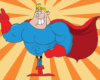 Cartoon superhero with blonde hair, blue suit and red cape strikes a heroic pose against a sunburst background.