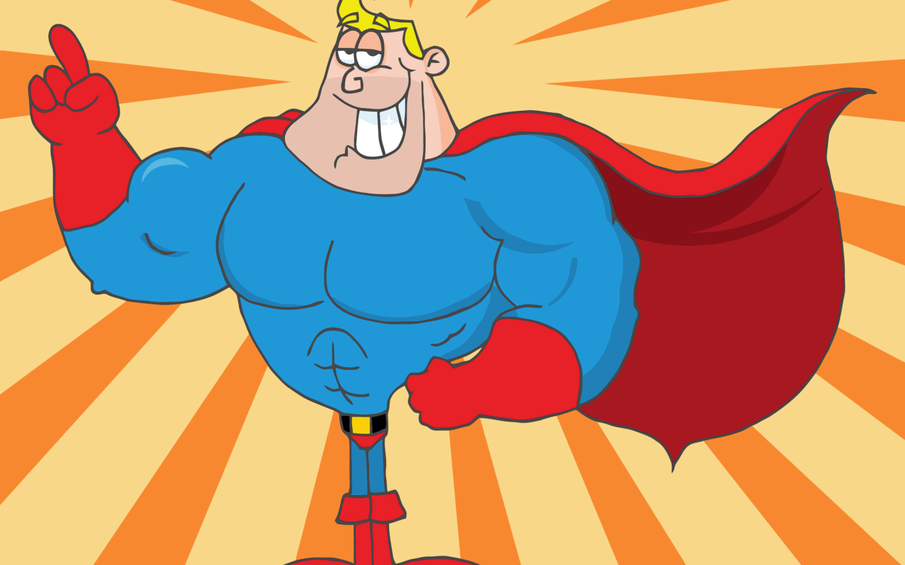 Cartoon superhero with blonde hair, blue suit and red cape strikes a heroic pose against a sunburst background.