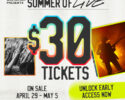Promotional poster for Live Nation's Summer of Live: $30 tickets, raised hands and a guitarist image; sale Apr 29–May 5; unlock early access now.