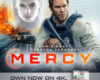 Mercy movie poster featuring Chris Pratt with a rifle and Rebecca Ferguson's face in the background, plus an explosion and a police car at the side.