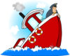 Cartoon red boat tipping over on rough waves with a captain clinging to the hull