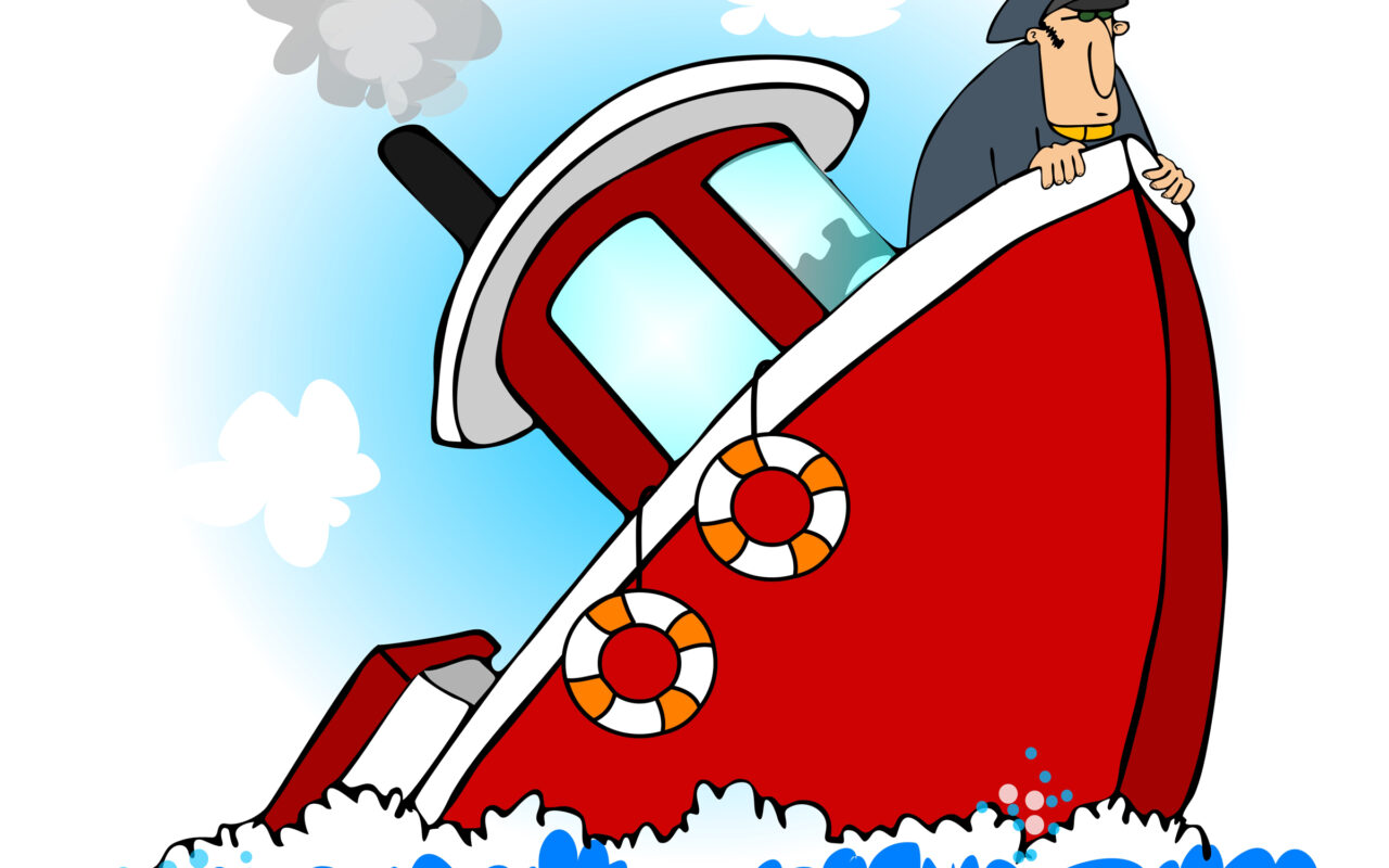 Cartoon red boat tipping over on rough waves with a captain clinging to the hull