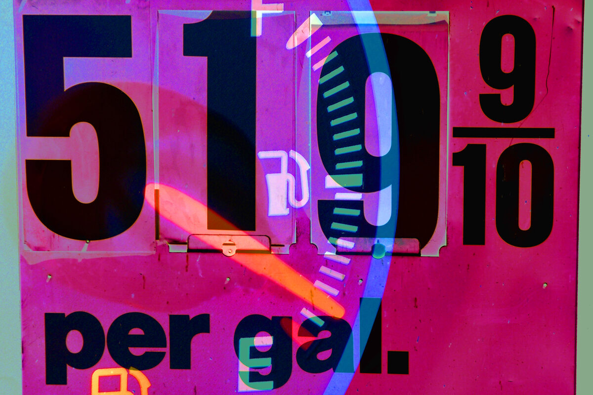 Bright pink gas-price sign reading 'UNLEADED' with large numbers and 'per gal.' at the bottom.