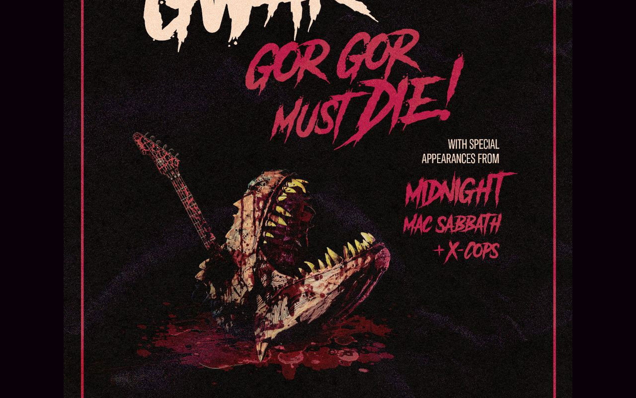 Concert poster for GWAR: black background with pink border, blood-splattered creature and guitar, event details include Dec 12 at The Norva and special guests Midnight Mac Sabbath + X-Cops.