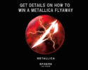 Promotional graphic inviting details to win a Metallica flyaway to Sphere Las Vegas, featuring a red, lightning-filled sphere with a white diagonal bolt and band branding.