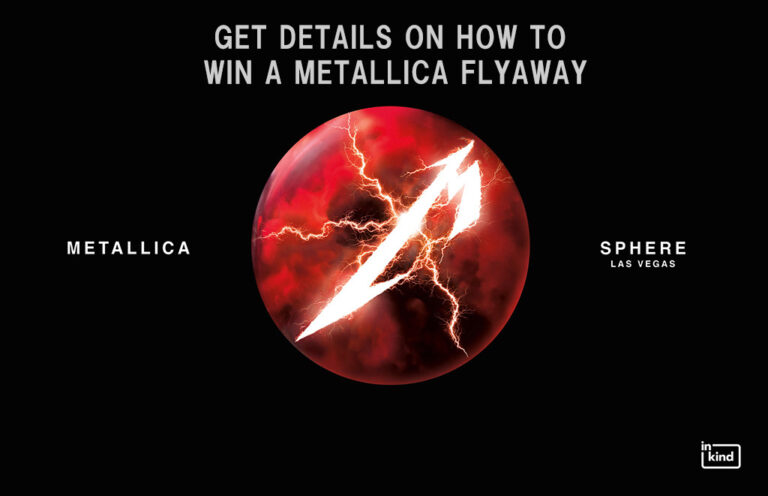 Promotional banner for a Metallica flyaway contest, with a red circular logo and a white lightning bolt on black background.