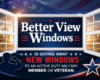 Patriotic poster advertising free windows for active-duty military or veterans, with white window frames and a blue background.