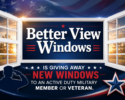 Patriotic poster advertising free windows for active-duty military or veterans, with white window frames and a blue background.