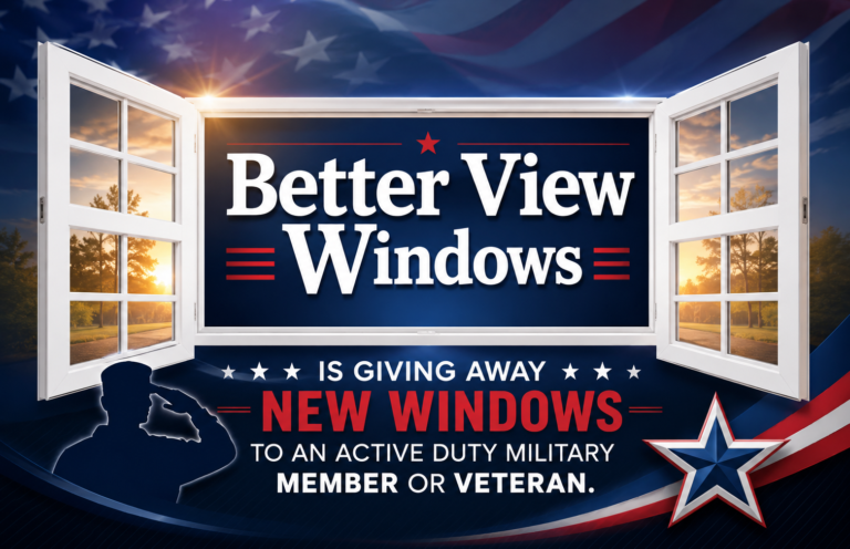 Patriotic poster advertising free windows for active-duty military or veterans, with white window frames and a blue background.