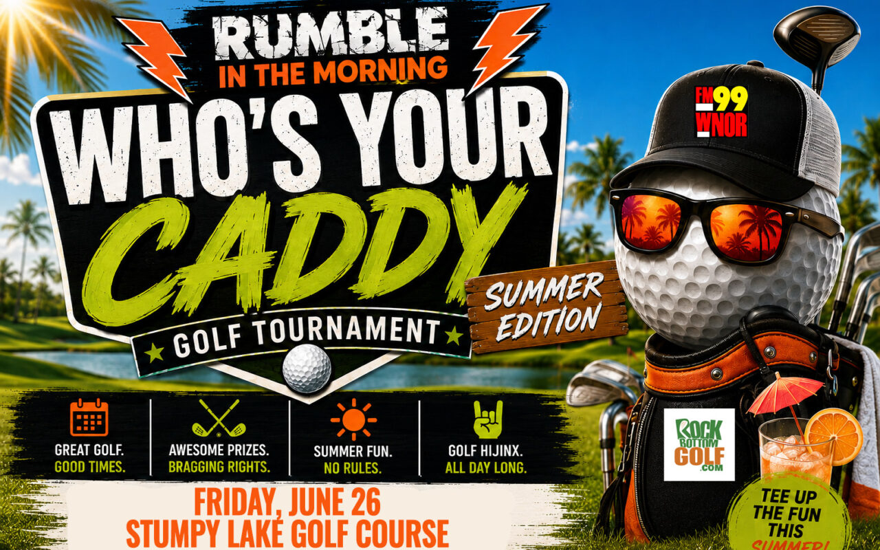 Poster for 'Rumble in the Morning: Who's Your Caddy' Summer Edition golf tournament with a golf-ball mascot on the right and palm trees in the background. Framing includes date and venue text: Friday, June 26 at Stumpy Lake Golf Course.