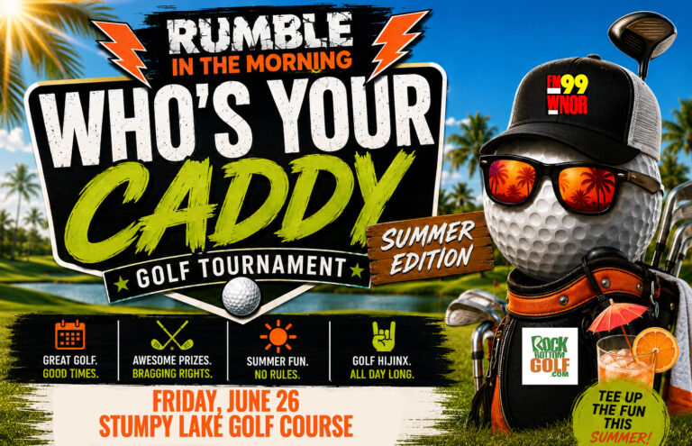 Poster for 'Rumble in the Morning: Who's Your Caddy' Summer Edition golf tournament with a golf-ball mascot on the right and palm trees in the background. Framing includes date and venue text: Friday, June 26 at Stumpy Lake Golf Course.