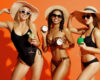 Three women in swimsuits wearing sun hats and sunglasses, holding colorful cocktails against an orange backdrop.