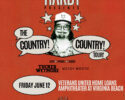 Concert poster advertising 'The Country! Tour' with a man in a hat and glasses; prominent speech bubbles say 'THE COUNTRY!' and 'COUNTRY! TOUR!' and date is Friday June 12 at Veterans United Home Loans Amphitheater, VA Beach.