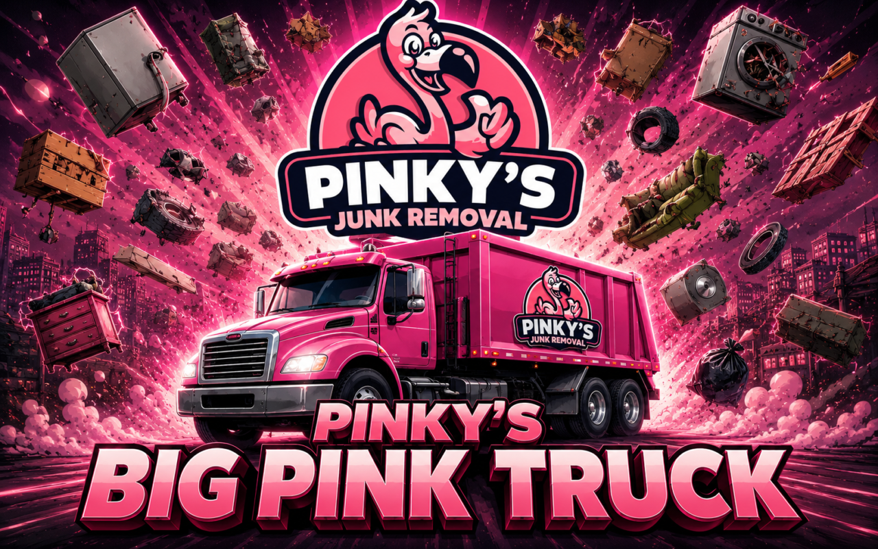 Pink garbage truck with Pinky's Junk Removal logo, set against a pink explosive background and the text 'BIG PINK TRUCK'.