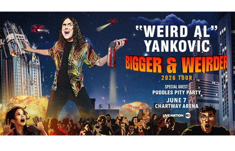 Poster advertising Weird Al Yankovic's Bigger & Weirder 2026 Tour featuring June 7 at Chartway Arena with a crowd and explosions in a neon-city backdrop.