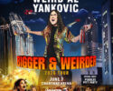 Poster for Weird Al Yankovic's Bigger & Weirder 2026 tour with date June 7 at Chartway Arena, featuring crowd, fire effects, and a dramatic cityscape background.