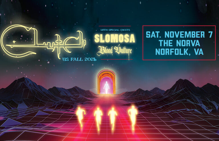 Neon retro-futuristic concert poster: four glowing runners on a pink grid sprinting toward a bright doorway; bold neon text announces Slomosa Blood Future and the venue/date in Norfolk, VA (Nov 7). — Poster style image for a music event or tour promo.