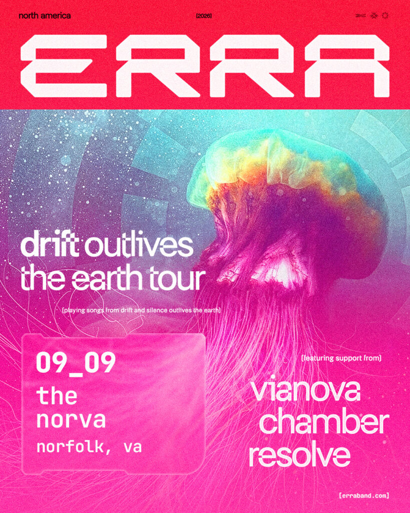 Poster for the 'drift outlives the earth tour' with a neon pink/blue jellyfish illustration, listing date 09_09 and the Norfolk, VA venue, and featuring artists vianova, chamber, resolve.