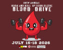 Promotional poster for the 397th Annual Blood Drive featuring a cheerful red blood drop lifting dumbbells; dates July 16–18, 2026.