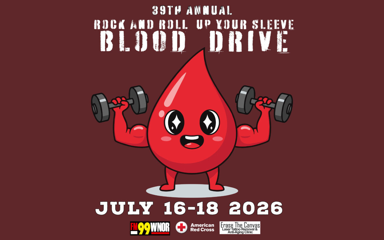 Promotional poster for the 397th Annual Blood Drive featuring a cheerful red blood drop lifting dumbbells; dates July 16–18, 2026.