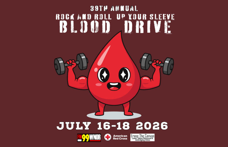 Promotional poster for the 397th Annual Blood Drive featuring a cheerful red blood drop lifting dumbbells; dates July 16–18, 2026.