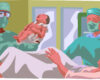 Delivery scene with surgeons in scrubs and masks assisting a newborn being born in a hospital delivery room.