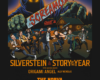 Illustrated concert poster showing a giant shadowy figure looming over fans on bikes in front of a cabin, with CAMP SCREAM TOUR text and band names.