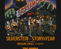 Illustrated concert poster showing a giant shadowy figure looming over fans on bikes in front of a cabin, with CAMP SCREAM TOUR text and band names.