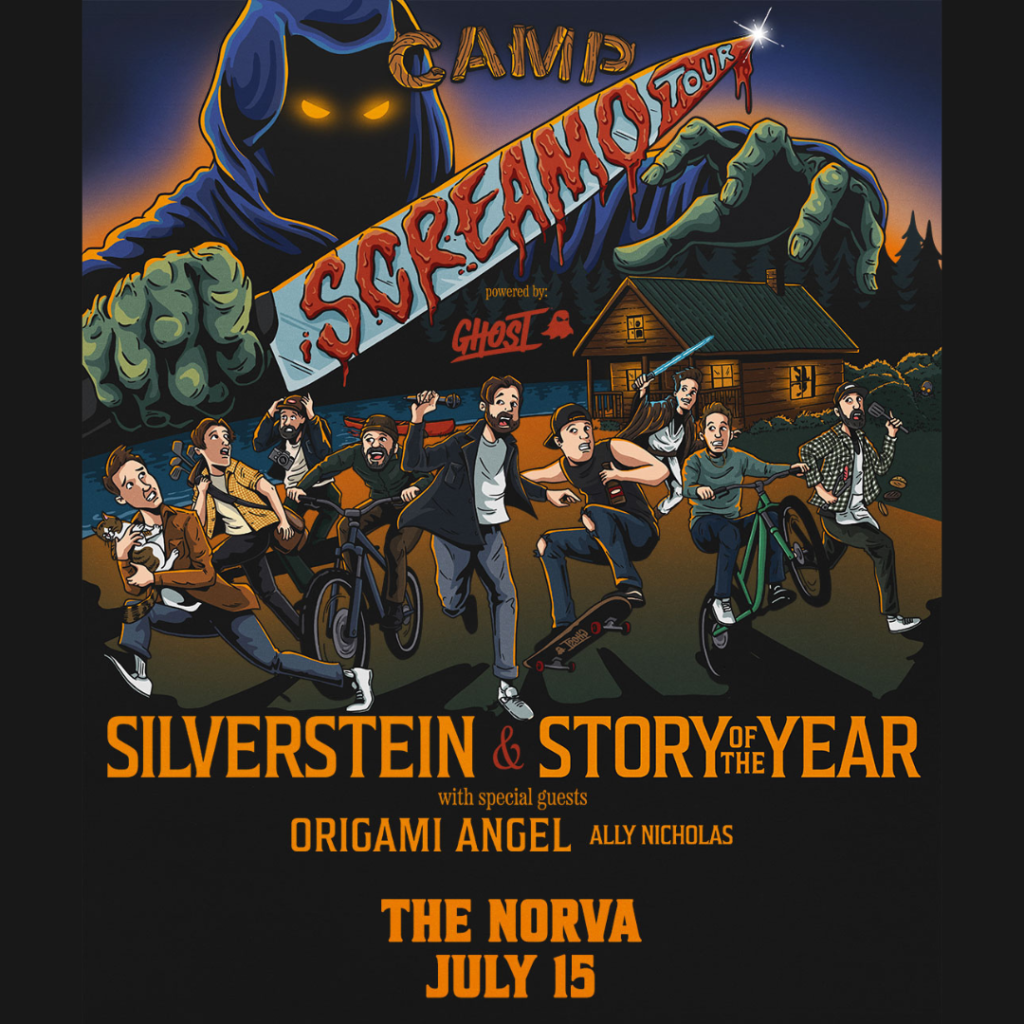 Illustrated concert poster showing a giant shadowy figure looming over fans on bikes in front of a cabin, with CAMP SCREAM TOUR text and band names.