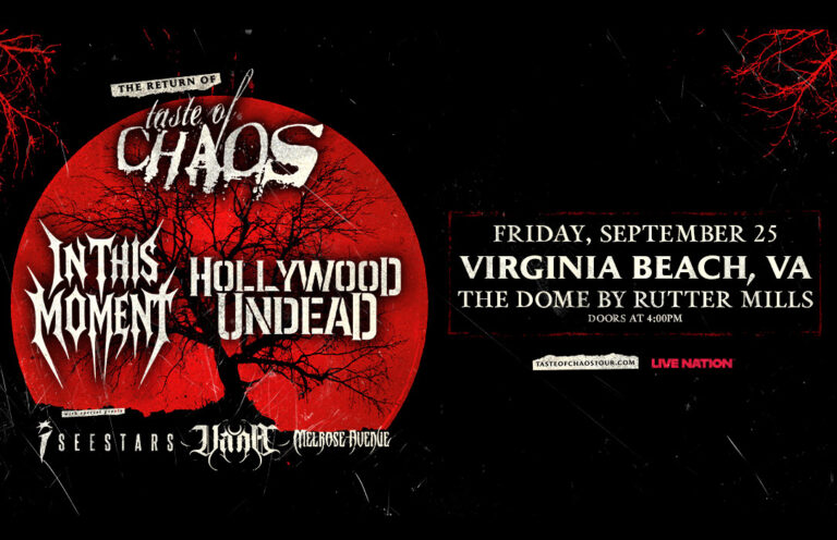 Concert poster for Taste of Chaos tour with bands In This Moment and Hollywood Undead, Virginia Beach event details in a red moon design.