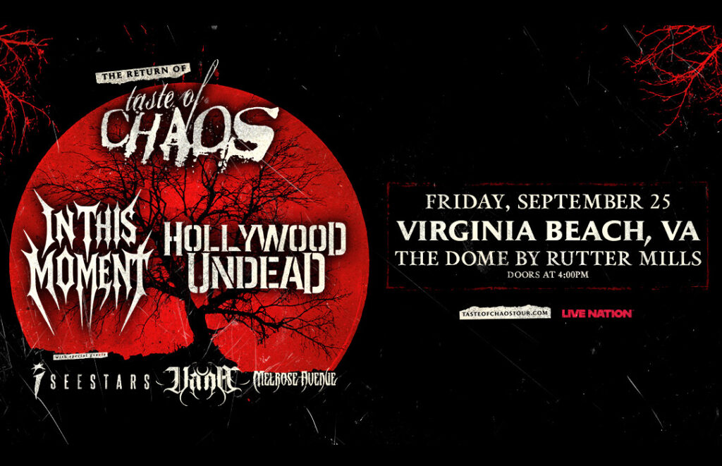 Concert poster for Taste of Chaos tour with bands In This Moment and Hollywood Undead, Virginia Beach event details in a red moon design.
