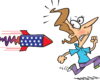 Cartoon man running away from a fast, patriotic rocket blasting by in red, white, and blue with stars on its body.