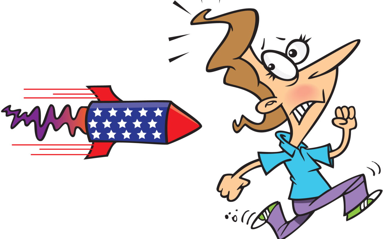Cartoon man running away from a fast, patriotic rocket blasting by in red, white, and blue with stars on its body.