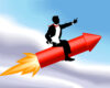 Silhouette of a man in a suit riding a red rocket into the sky, suggesting fast growth or a bold launch.