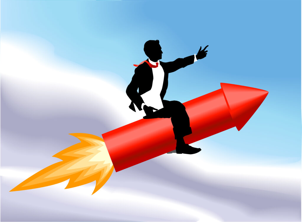 Silhouette of a man in a suit riding a red rocket into the sky, suggesting fast growth or a bold launch.