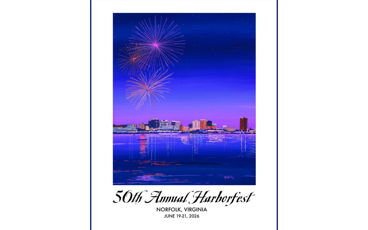 Poster announcing the 50th Annual Harborfest in Norfolk, Virginia (June 19–21, 2026) with fireworks over the water.