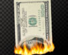 A close-up of a U.S. $100 bill burning at the bottom, flames licking the edge against a dark checkered background.