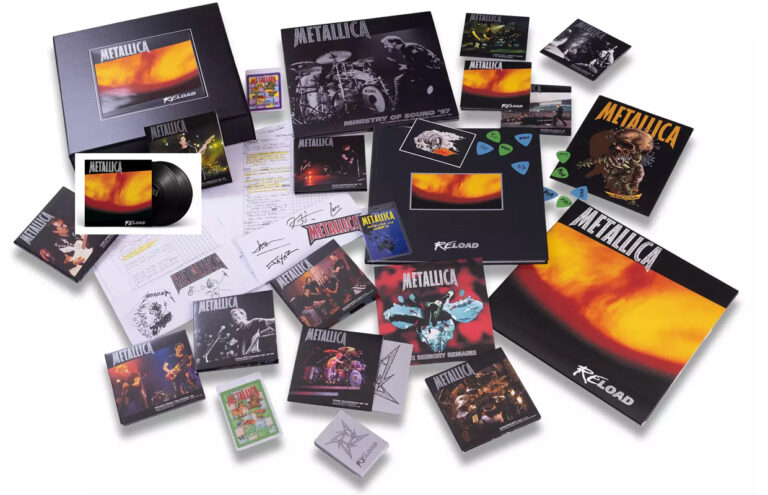 A scattered collection of Metallica album covers, posters, and memorabilia on a white background.