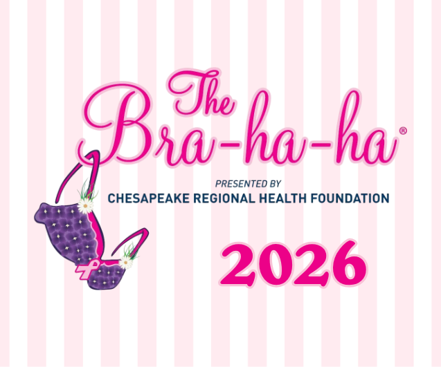 Logo for The Bra-ha-ha 2026, presented by Chesapeake Regional Health Foundation, featuring two purple bras with daisies on pink striped background.