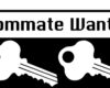 Apartment share ad: bold 'Roommate Wanted' heading with a black-and-white graphic of two keys beneath it.