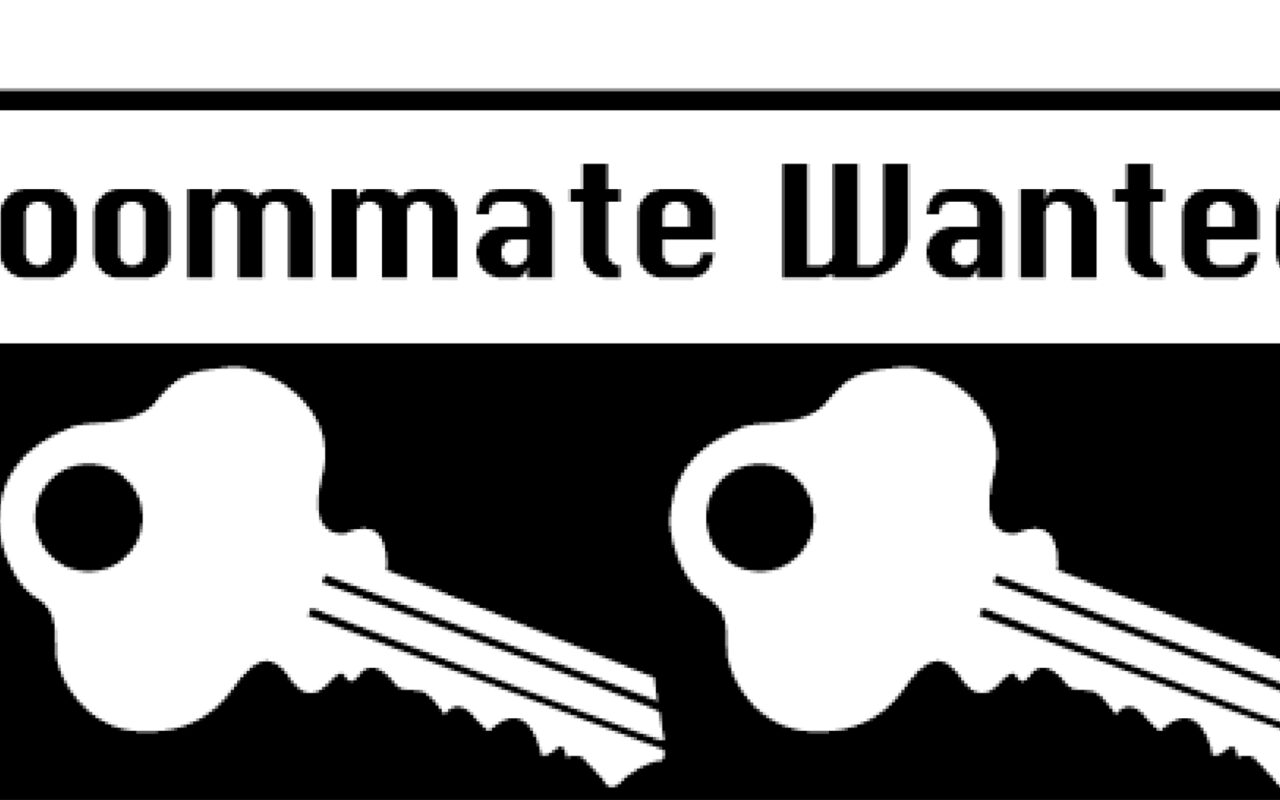 Apartment share ad: bold 'Roommate Wanted' heading with a black-and-white graphic of two keys beneath it.