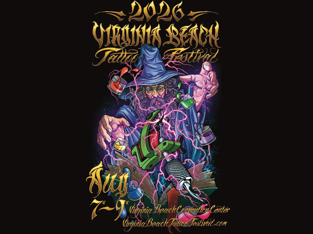 Poster for the 2026 Virginia Beach Tattoo Festival featuring a wizard conjuring neon lightning around tattoo gear and a microphone.