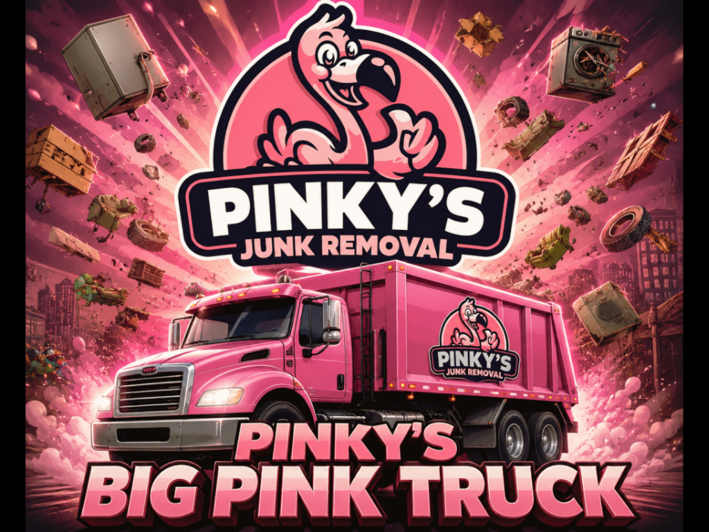 Big pink junk truck from Pinky's Junk Removal with debris flying around and a pink burst background