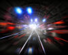 Blurred, long-exposure image of a tunnel with glowing blue and red lights streaking toward a bright center, conveying speed and motion.