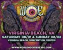 Poster advertising World Oddities Expo in Virginia Beach, VA, Aug 1–2 at the Virginia Beach Convention Center. Features stylized ravens and the expo website worldodditiesexpo.com.