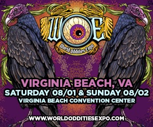 Poster advertising World Oddities Expo in Virginia Beach, VA, Aug 1–2 at the Virginia Beach Convention Center. Features stylized ravens and the expo website worldodditiesexpo.com.