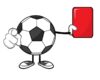 Cartoon soccer ball character holding a red card aloft, pointing with its other hand.