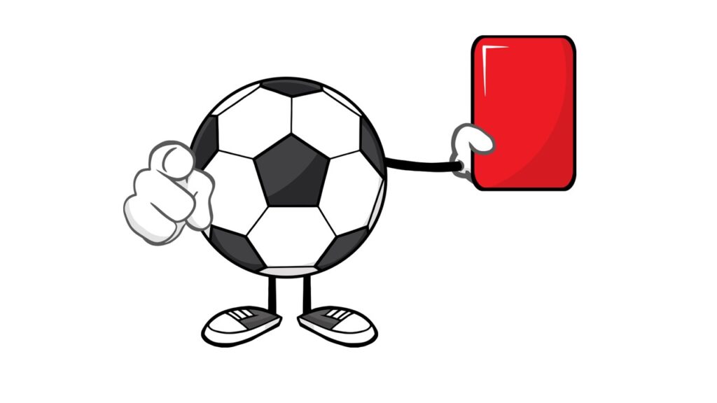 Cartoon soccer ball character holding a red card aloft, pointing with its other hand.