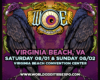 Event poster for World Oddities Expo in Virginia Beach, VA on Aug 1–2 at the Virginia Beach Convention Center, featuring two large black birds and bold pink/blue title text.
