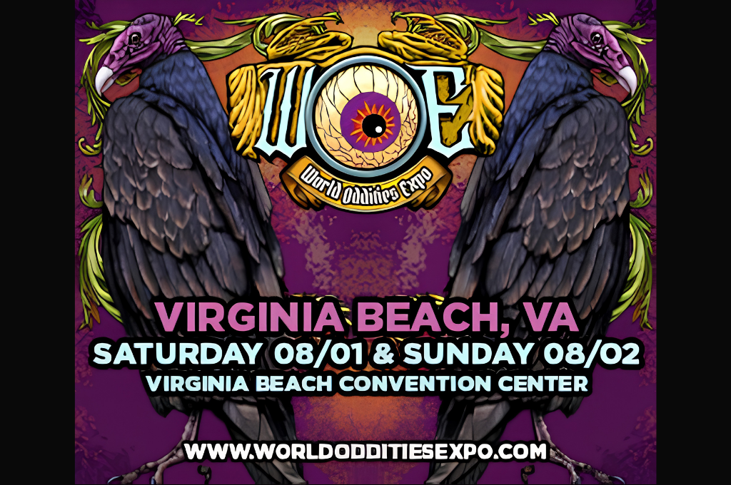 Event poster for World Oddities Expo in Virginia Beach, VA on Aug 1–2 at the Virginia Beach Convention Center, featuring two large black birds and bold pink/blue title text.